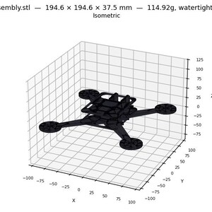 May include: A black drone frame assembly, shown in top, isometric, and front views. The text indicates dimensions of 194.6 x 194.6 x 37.5 mm and a weight of 114.92g. The frame features four circular motor mounts.