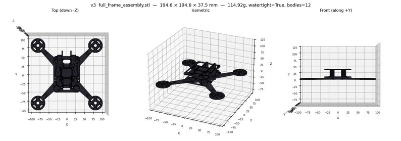 May include: A black drone frame assembly, shown in top, isometric, and front views. The text indicates dimensions of 194.6 x 194.6 x 37.5 mm and a weight of 114.92g. The frame features four circular motor mounts.