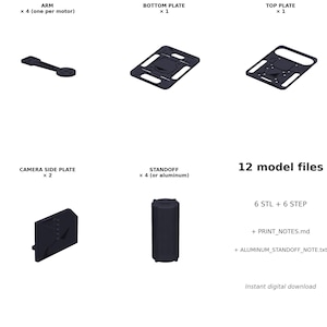 May include: A digital download graphic showing various black 3D-printed parts, including an arm, bottom plate, top plate, camera side plate, and standoff. Text indicates 12 model files are included, with instant digital download.