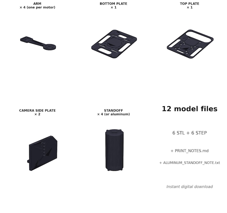May include: A digital download graphic showing various black 3D-printed parts, including an arm, bottom plate, top plate, camera side plate, and standoff. Text indicates 12 model files are included, with instant digital download.