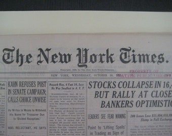Stock Market Crash 1929, New York Times Newspaper, Stock Market Gift, Wall Street Historical Antique, American Antique, Conversational Piece