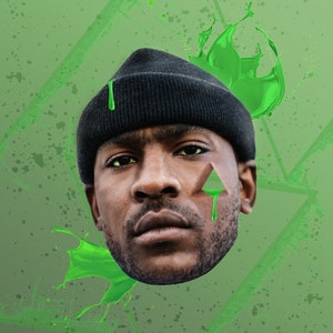 May include: A man's face with a black beanie is partially obscured by green paint splatters. A green triangle with dripping paint is on his cheek.