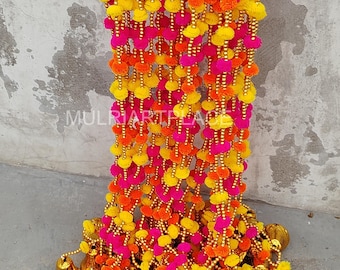 Handmade Pom Pom Marigold Garland with Bells, Indian Wedding Decor, Party Backdrop