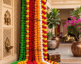 Multicolor Pom Pom Garland Hanging, Indian Festival Decor, Marigold Style Door Toran, Diwali Decoration, Wedding Backdrop, Boho Wall Hanging