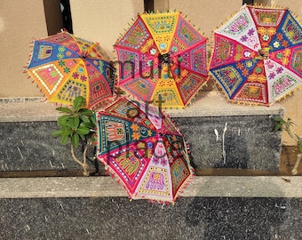 Colorful Indian Decorative Umbrella Set, Handmade Boho Wedding Umbrellas, Patchwork Mirror Parasol, Mehndi Decor, Festival Decor