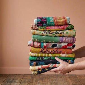 Vintage Kantha Quilt Blanket, Handmade Indian Cotton Throw, Colorful Bohemian Bedspread, Reversible Patchwork Sofa Cover, Hand Stitched