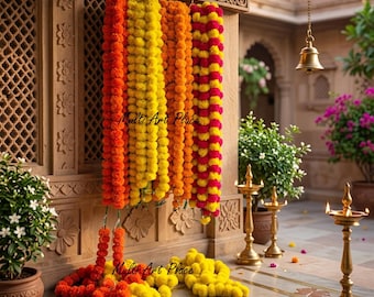 Indian Marigold Garland for Decoration, Artificial Genda Phool Strings for Diwali Decor, Wedding Haldi Mehendi Backdrop, Housewarming Pooja