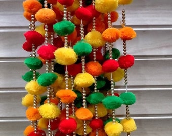 5 PC  Multicolor Indian Christmas Mehndi Decor Wedding Party Decoration, , Backdrop,Pom Pom, Gota Hangings Tassels.