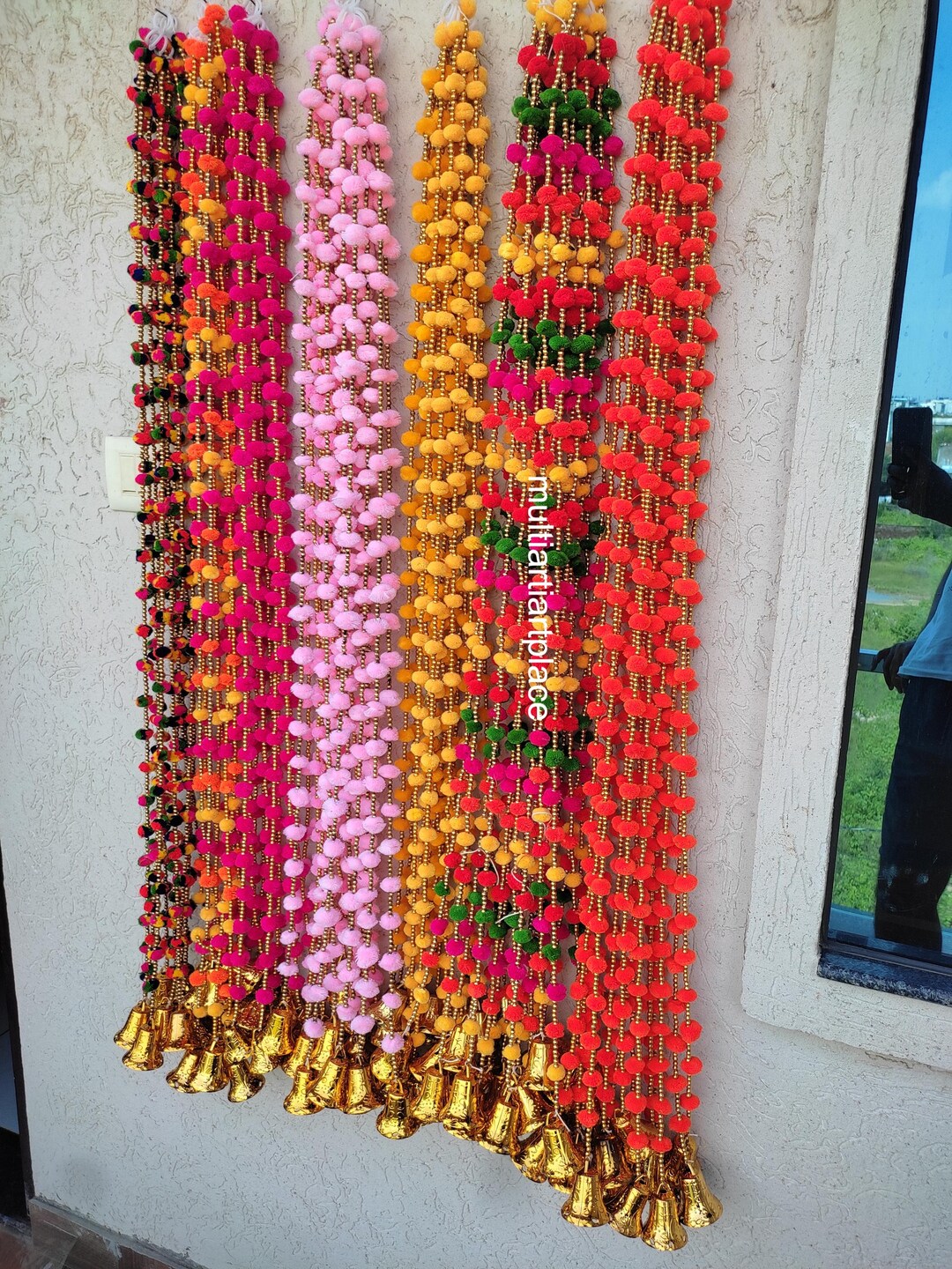 Handmade Wool & Cotton Blend Garland with Pom Poms & Metal Bells main image 1