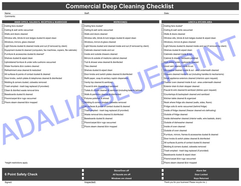 Commercial Deep Cleaning Checklist printable Etsy UK