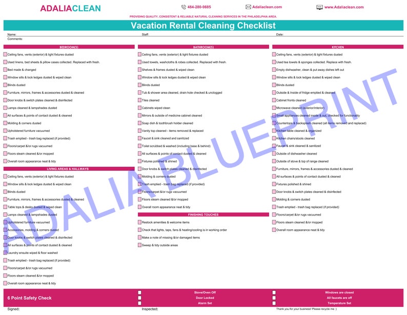 Vacation Rental Cleaning Checklist Blue printable Etsy