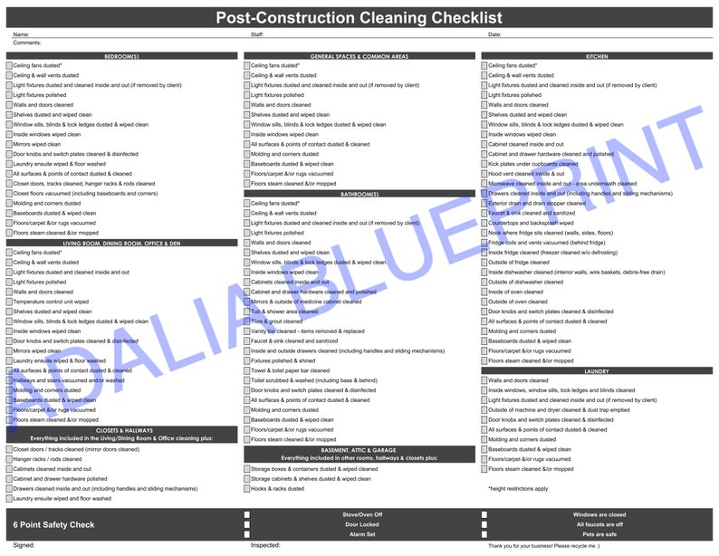 PostConstruction Cleaning Checklist Gray Printable Etsy