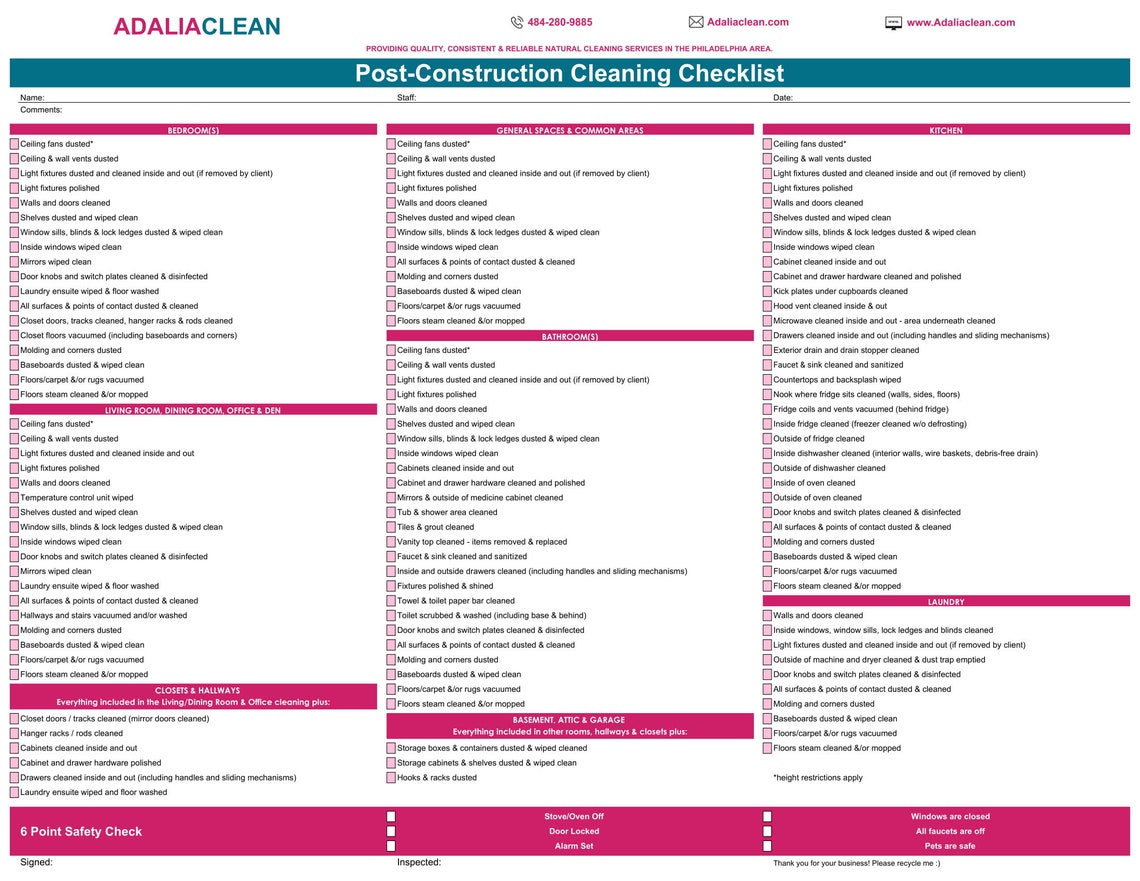 Post-construction Cleaning Checklist printable | Etsy