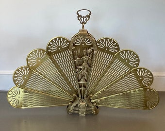 Vintage Brass Fireplace Screen | Brass Folding Peacock Fan Screen | Hollywood Regency Brass Fire Screen