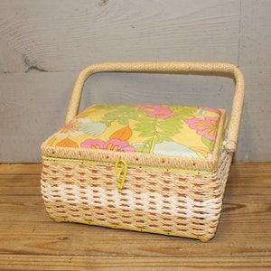 Vintage Midcentury Wicker Sewing Box with Upholstered Floral Lid