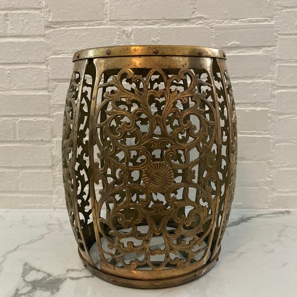 Vintage Cast Brass Garden Stool with Scrolling Vines Pattern | 1960s Midcentury Asian Stool