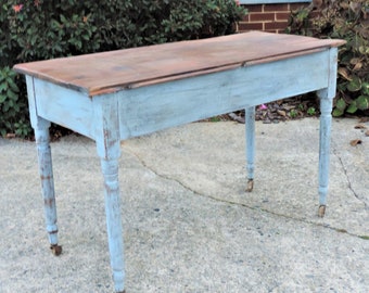 Primitive Distressed Blue Console Table with Worn Walnut Top and Casters