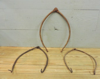 Three Antique Hand Forged Pot or Kettle Hangers | Blacksmith Made Swiveled Hooks