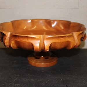 Vintage Elegantly Carved Wooden Bowl with Pedestal | Table Centerpiece