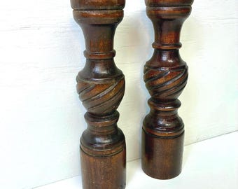 Pair of Vintage Wood Spindles with Twisted Carved Design | 9.75" Tall | Wood Furniture Parts