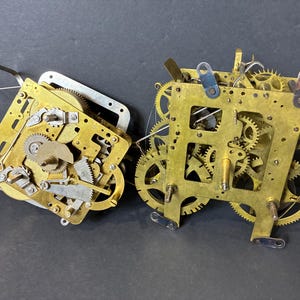 Pair of Vintage Brass Clock Mechanisms | Gilbert and La Rose Clocks | Brass Gears and Sprockets