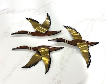 3 Wood and Brass Midcentury Ducks | Wall Hangings | MCM Duck Wall Sculpture