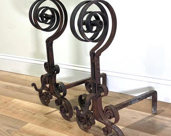 RARE 1800s Blacksmith Hand Forged Wrought Iron Andirons 23" tall | 1800s Hand Forged Firedogs | 23" Tall Fireplace Log Holders