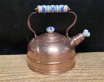 Vintage Copper Kettle with Ceramic Handle | Tea Pot