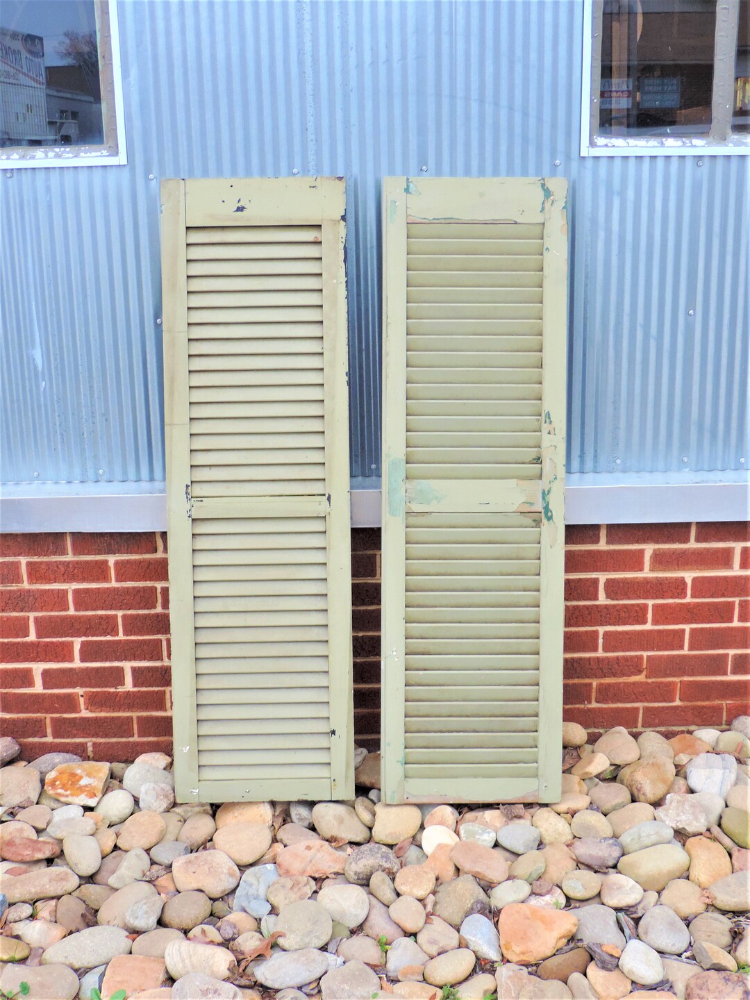 Pair of Large Sage Green Vintage Wooden Shutters Architectural Salvage
