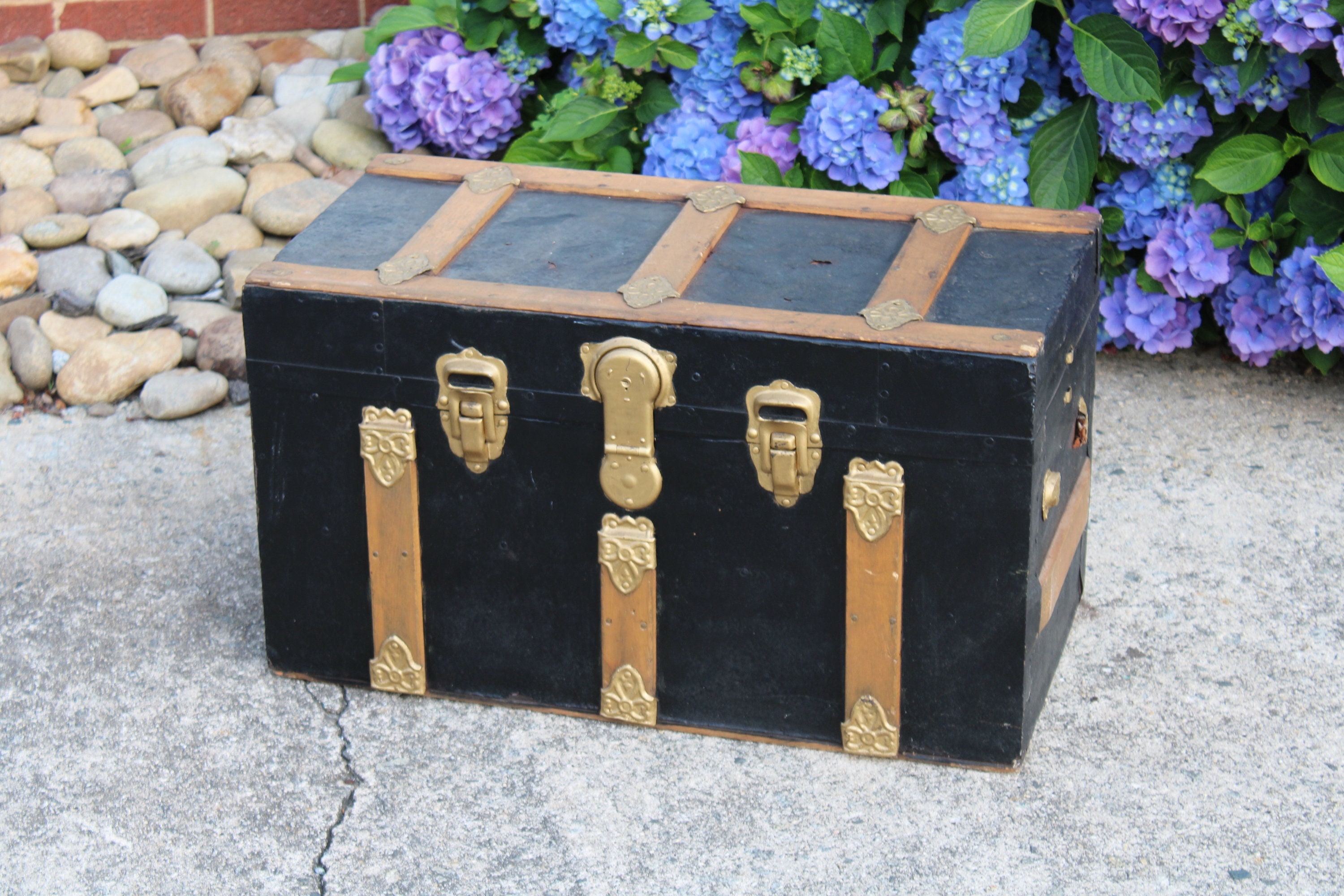 Antique Black and Gold Trunk | Steamer Trunk | Treasure Chest - Etsy