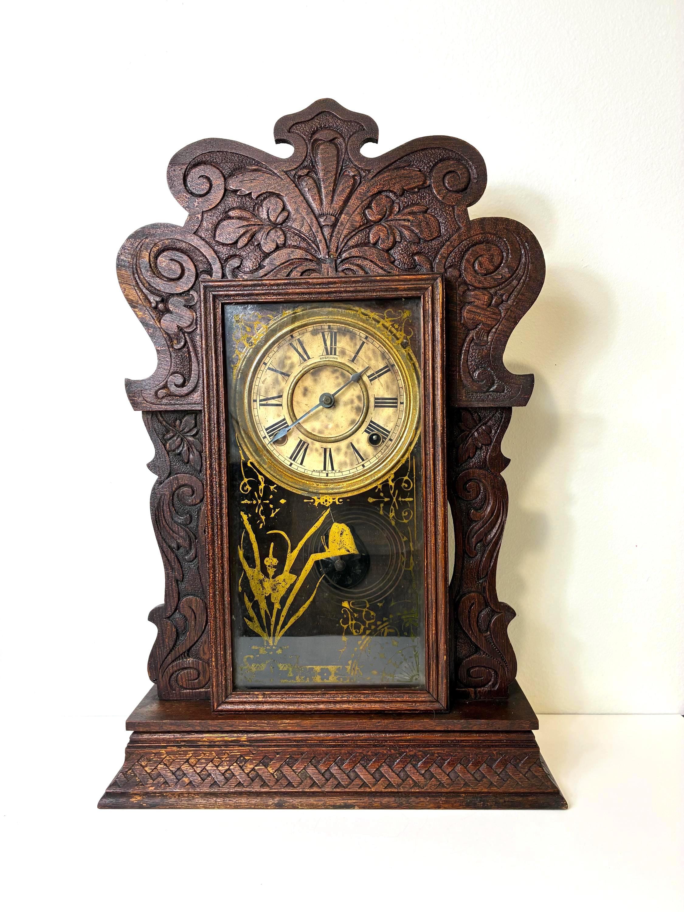 Antique Ginger Bread Mantel Clock With Oak Body | Sessions Clock