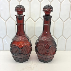 Pair of Vintage Avon Cape Cod Glass Decanters in Ruby Red | Vintage Barware | MCM Decanters
