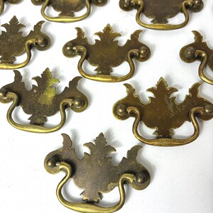 May include: A collection of antique brass drawer pulls. Each pull features a decorative, ornate design with a curved handle and a detailed backplate. The brass has a warm, aged patina, suggesting vintage craftsmanship. Ideal for furniture restoration projects.