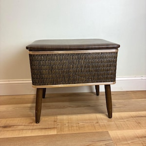 Vintage Midcentury Sewing Kit Stool with Tapered Wooden Legs | Vintage Sewing Accessories | Footstool | Ottoman | MCM Accent
