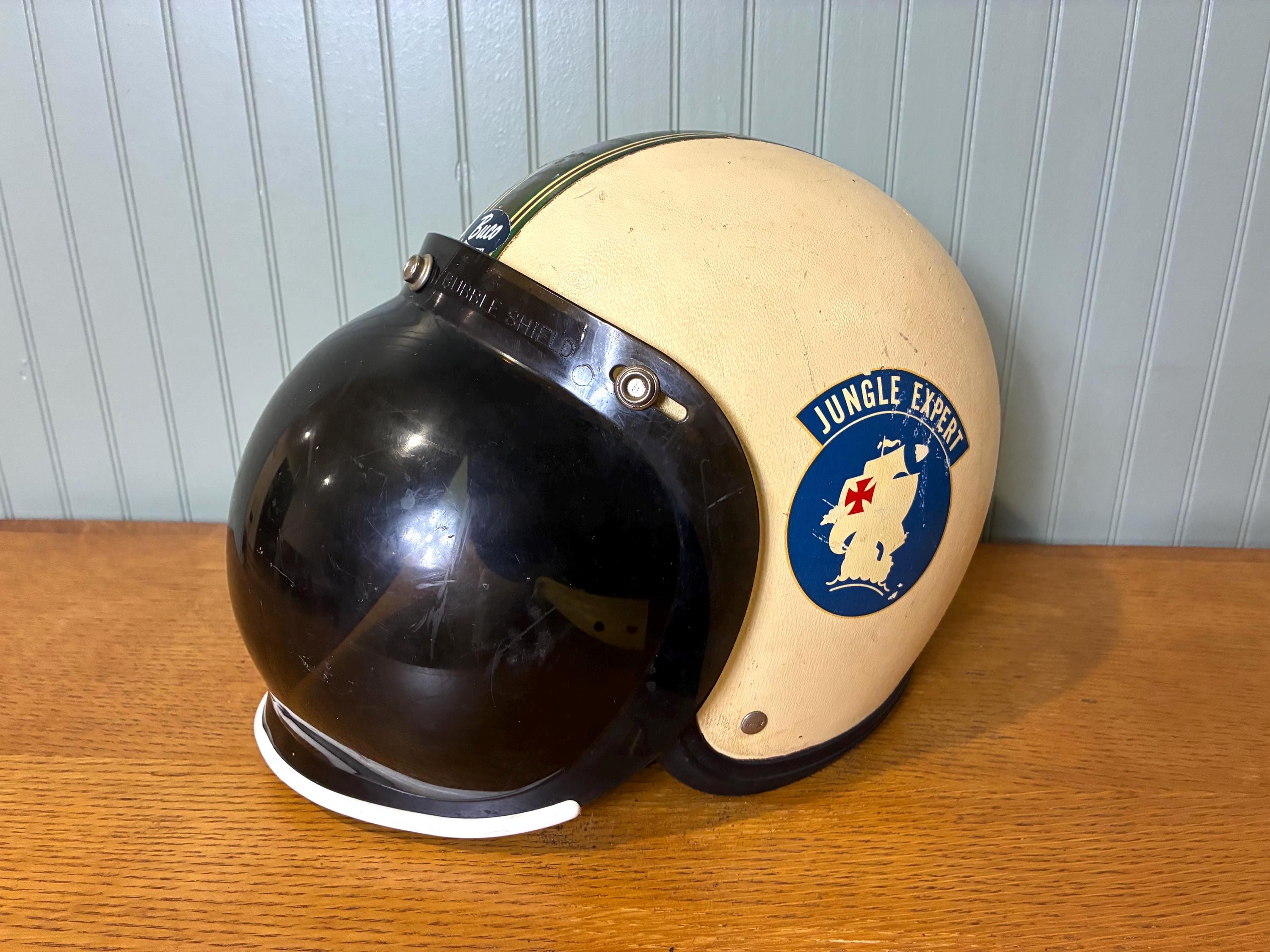 Vintage Motorcycle Helmet With Buco Visor and Military Stickers