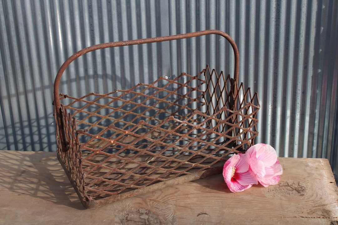 Large Vintage Handmade Metal Wire Basket Industrial Accent Etsy