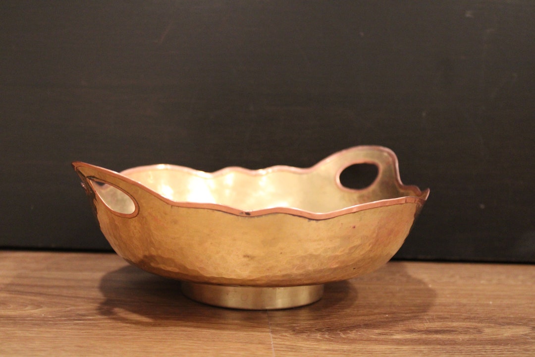 Vintage Hammered Brass Bowl With Copper Rim Serving Tray Etsy