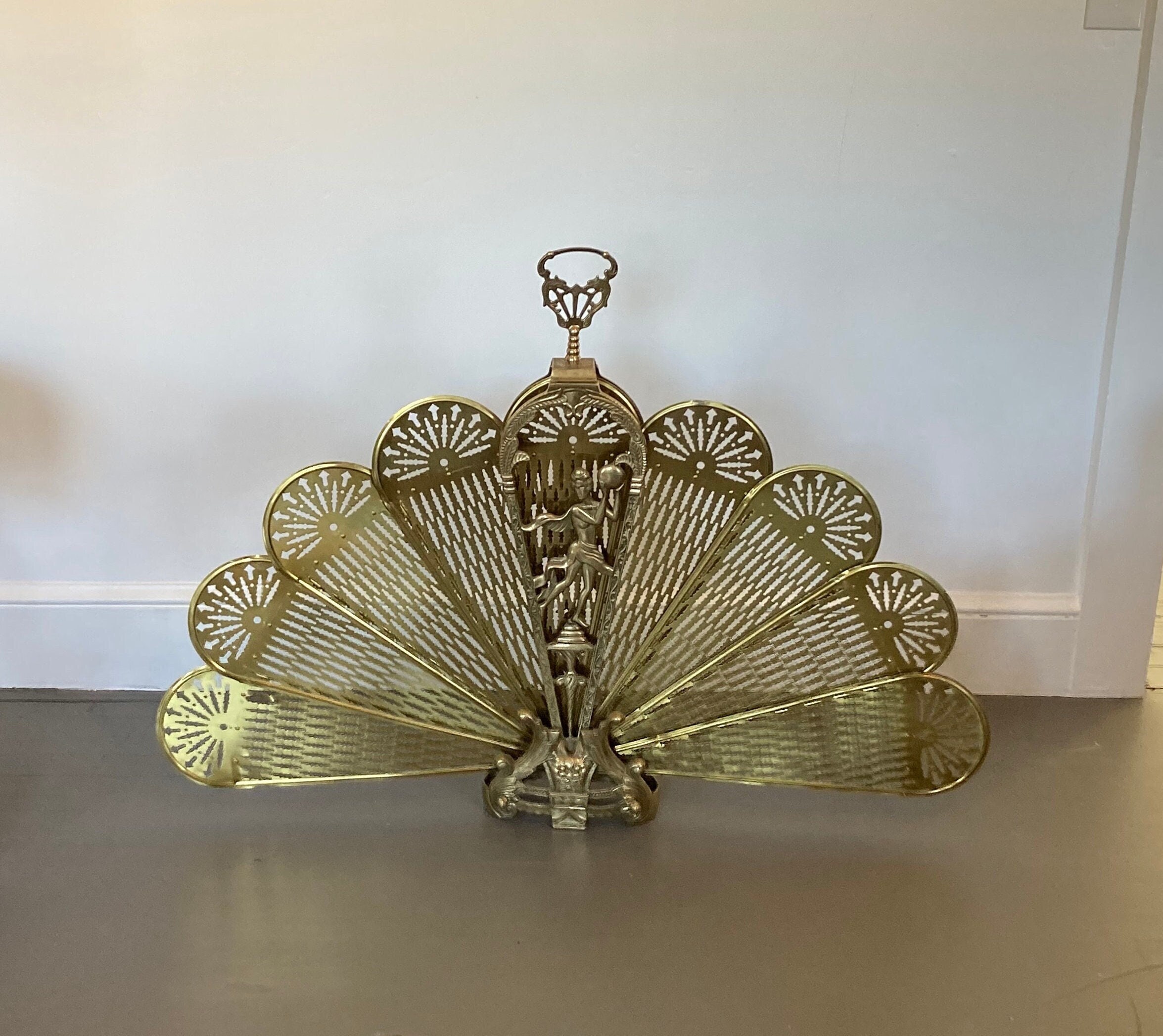 Antique Shell peacock Fireplace / Folding Screen / Brass Fireplace Fan /  Victorian Brass / RARE Heavy Screen / French Brass / Antique Rare 