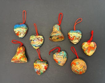 9 Decoupage Vintage Christmas Ornaments | Vintage Christmas Heart, Bell, and Ball Ornaments