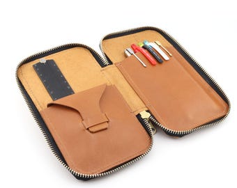 Full Grain Leather Zippered Stationery Pen Pencil Case