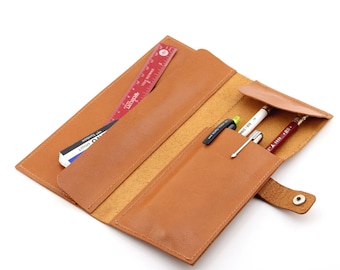 Full Grain Leather Folding Snap Stationery Pen Pencil Wallet Case