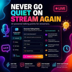 Puede incluir: Una interfaz digital para un generador de temas de conversación con IA para streamers. La pantalla muestra campos para el tema, la duración y el tono, junto a una lista de puntos generados. El texto dice NEVER GO QUIET ON STREAM AGAIN.