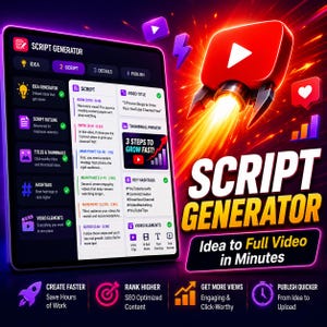 Può includere: Un'interfaccia digitale intitolata SCRIPT GENERATOR visualizzata sullo schermo di un tablet, con sezioni per idea, script, dettagli e pubblicazione. Un grafico a razzo con l'icona YouTube rossa appare a destra con il testo SCRIPT GENERATOR Idea to Full Video in Minutes.
