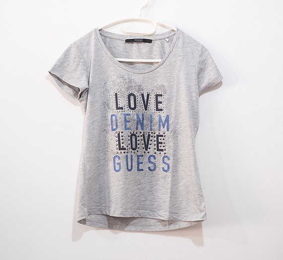 Guess T shirt Grey With LOVE Words Size s Great Condition Cotton Metal Rivets Woman Style Urban Etsy Canada