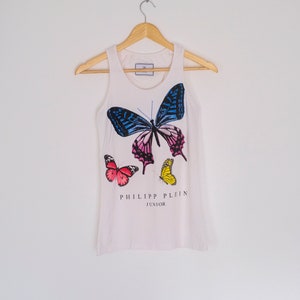 Philipp Plein tank T-shirt white with butterfly design for girl woman  size S or Junior without sleeves rare to find vintage garment