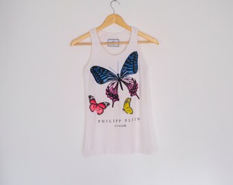 Philipp Plein-tank-T-shirt wit met vlinderontwerp voor meisjes, maat S of junior zonder mouwen, zeldzaam vintage kledingstuk