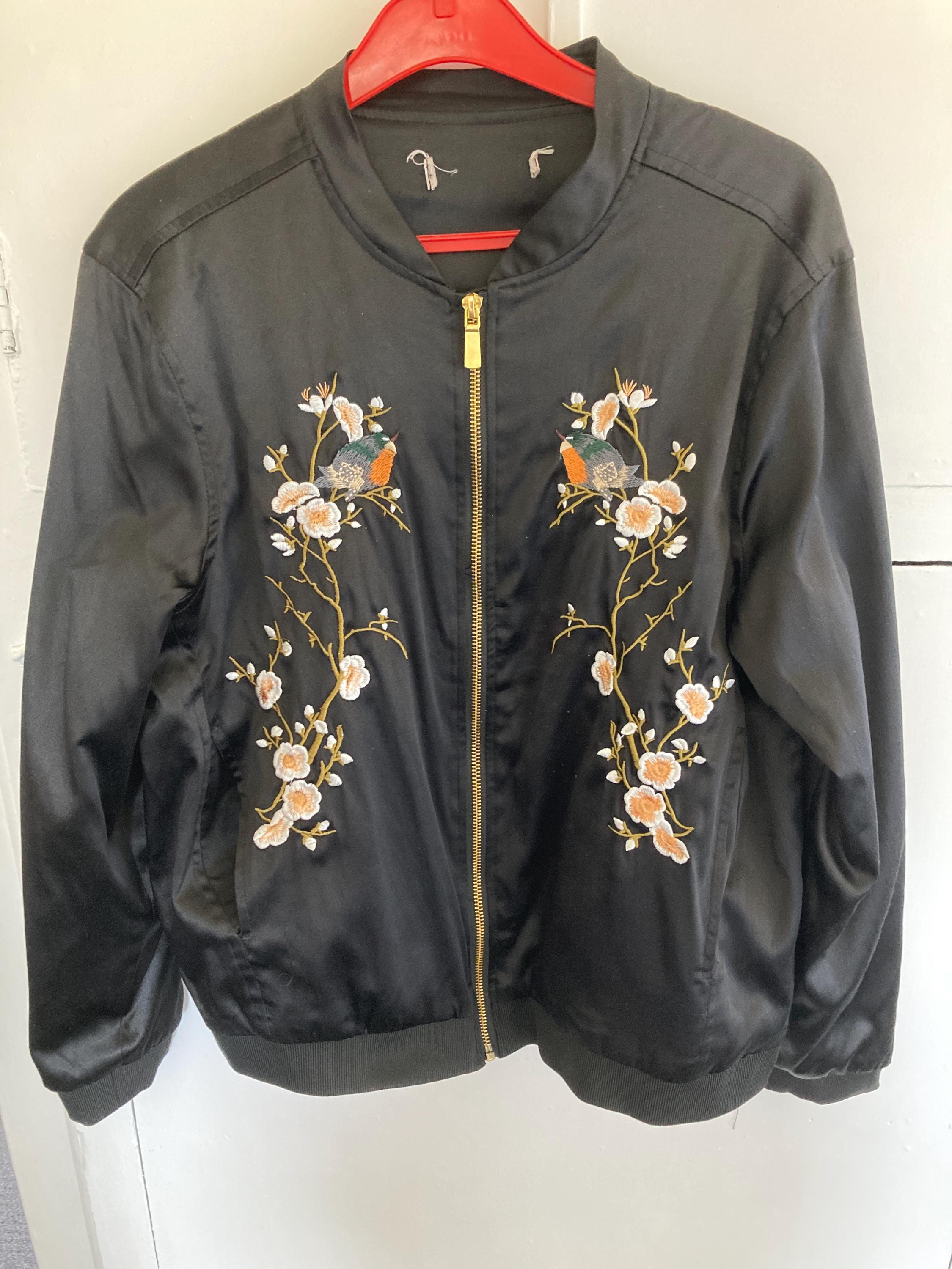 Black Bomber Jacket Vintage Chinese Cherry Blossom & Bird Design