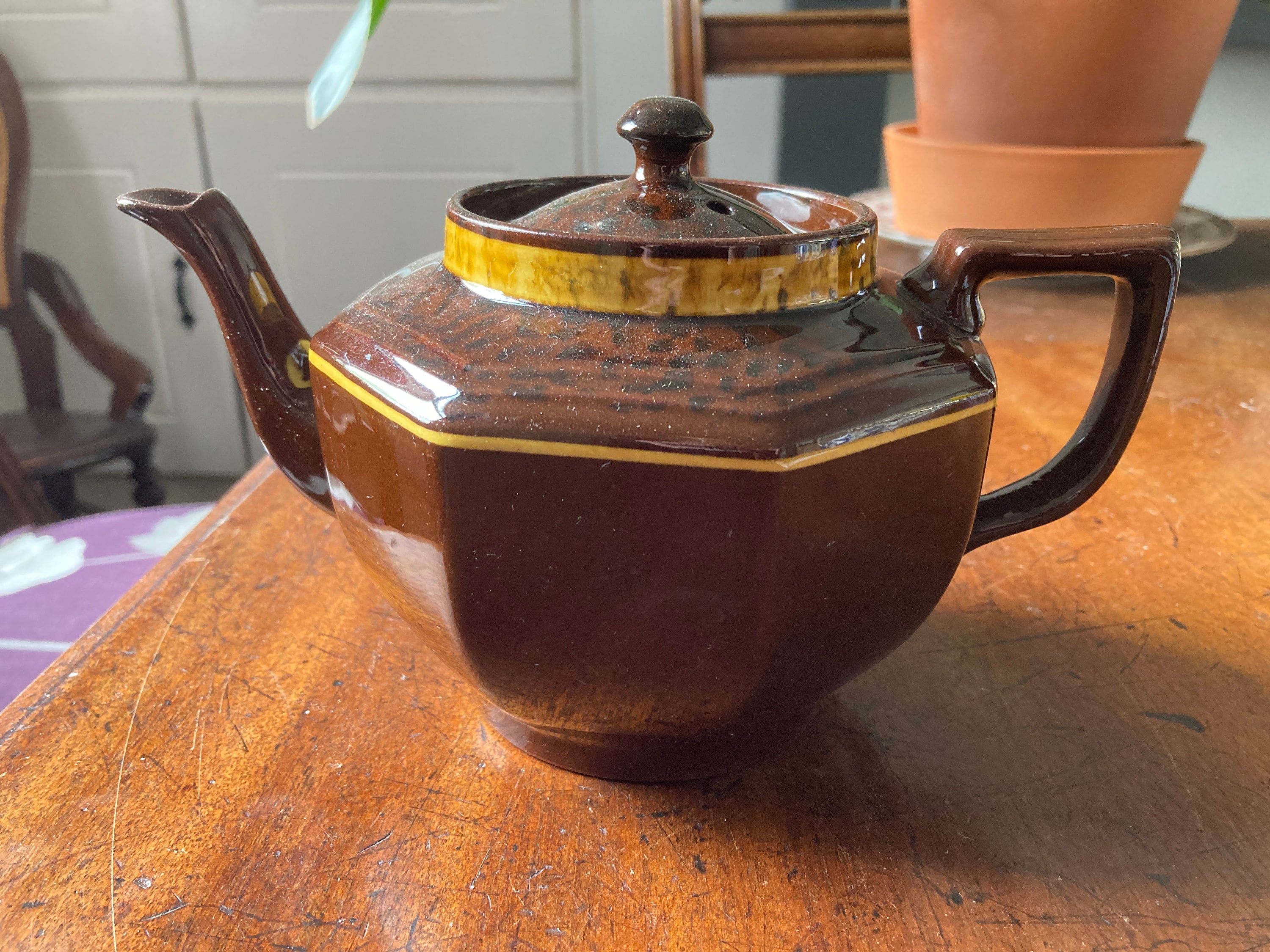Vintage Gibson Teapot C 1910 Octagonal Shape Brown With Yellow Etsy