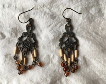 Vintage Drop Earrings ~ ornate filigree metalwork with crystals & beading