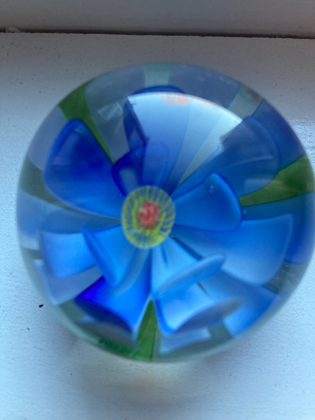 Vintage Glass Paperweight With Single Bright Blue Flower With Yellow